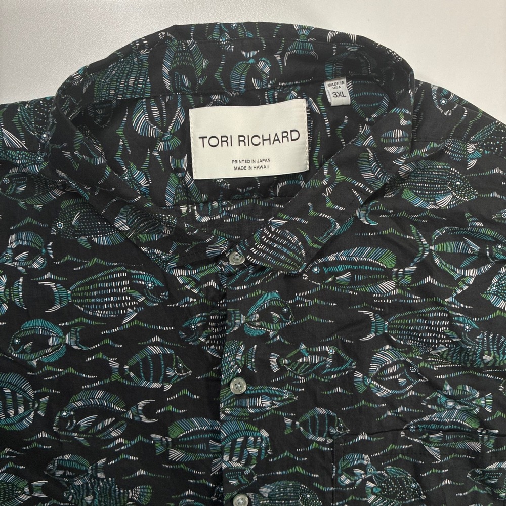 Tori Richard Shirt 3XL Black All Over Fish Print Made in Hawaii Camp AOP